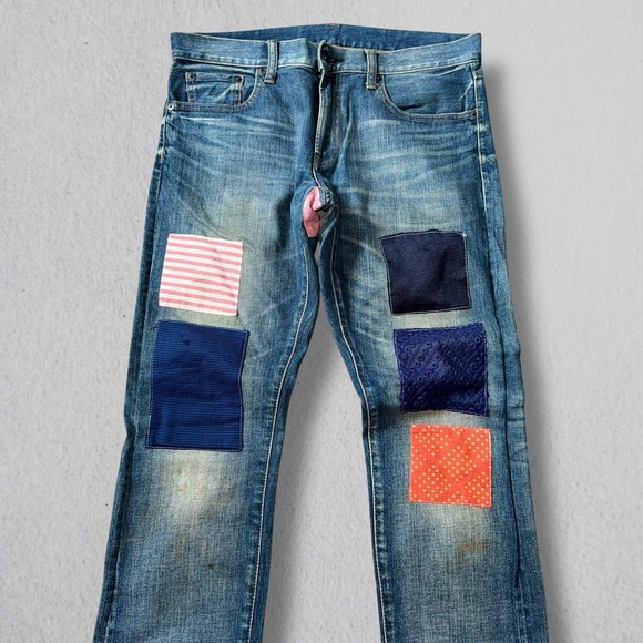 Uniqlo Jeans Mens 32x32 Blue Selvedge Red Line Denim Slim Straight Patched Faded - Picture 2 of 12